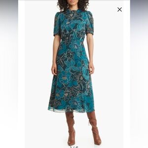 Floral Chiffon Midi Dress Julia Jordan Puff Sleeve Teal Blue Size 10 MSRP $129